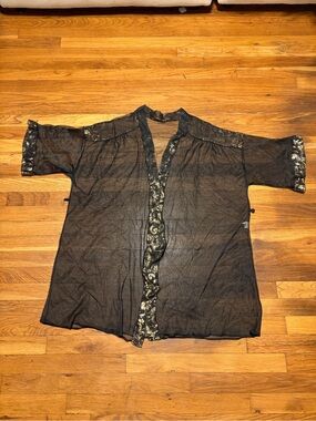 Vintage Sheer Black Robe with Intricate Gold Paisley Trim